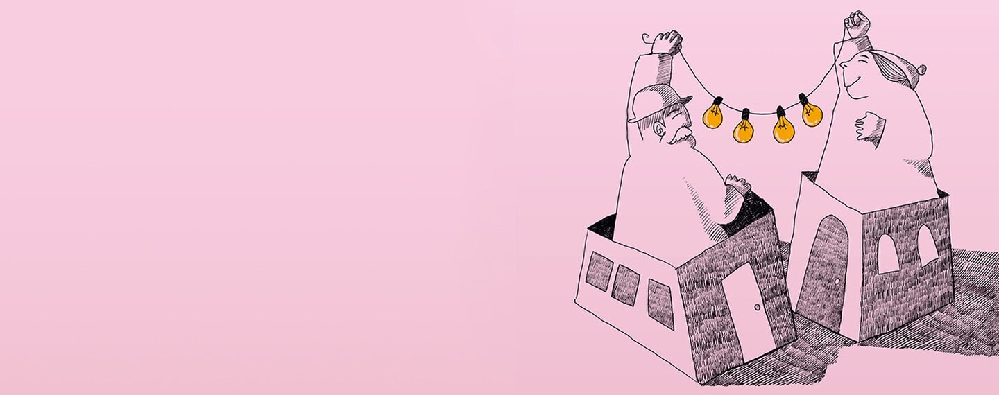 Illustration of two people holding a line with light bulbs